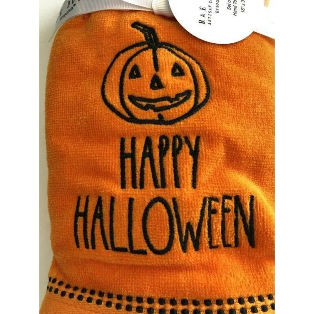 Rae Dunn Happy Halloween Hand Towels Orange Embroidered Pumpkin Cotton Set of 2